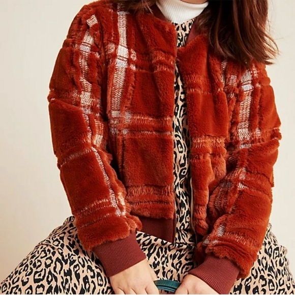 Anthropologie Plaid Teddy Bomber Jacket Sz 1X Rust Brown Fuzzy Zip Up Plush Coat - Picture 13 of 13